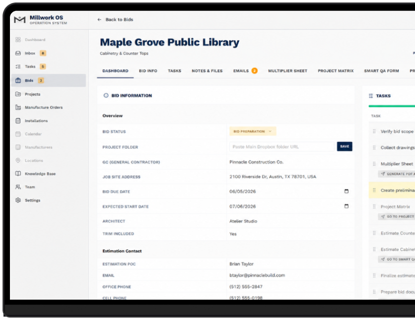 Live bids board from Steve's operating system showing the Maple Grove Public Library project with tasks and statuses