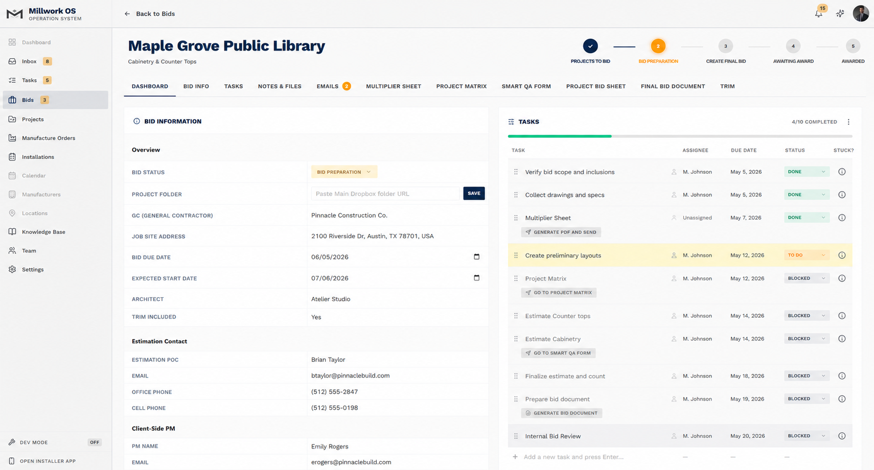 Live bids board from Steve's operating system showing the Maple Grove Public Library project with tasks and statuses